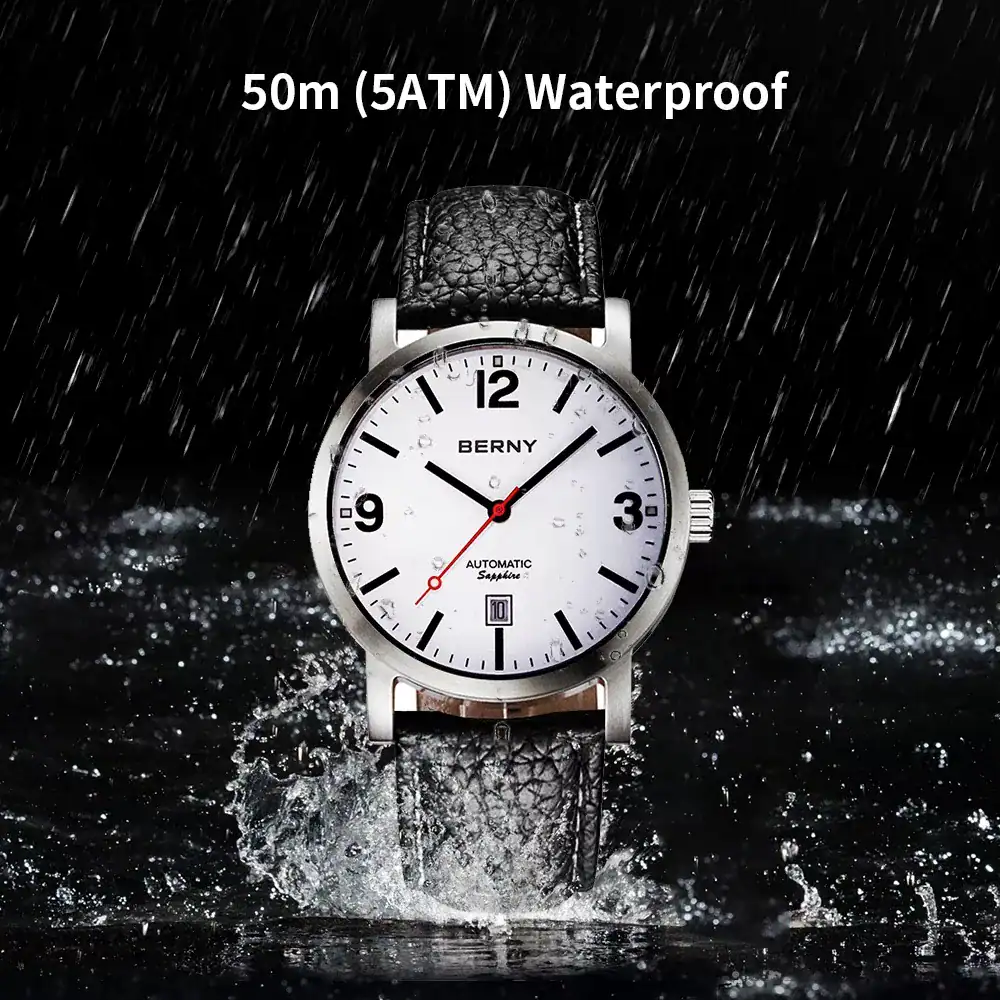 High-quality waterproof Berny watch with 50m (5ATM) resistance, automatic movement, and sleek design, perfect for daily wear and active lifestyles.