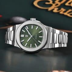 Elegant men's luxury stainless steel watch with green dial, automatic movement, and sleek design from Monalisa Store. Perfect for stylish and sophisticated expressions.