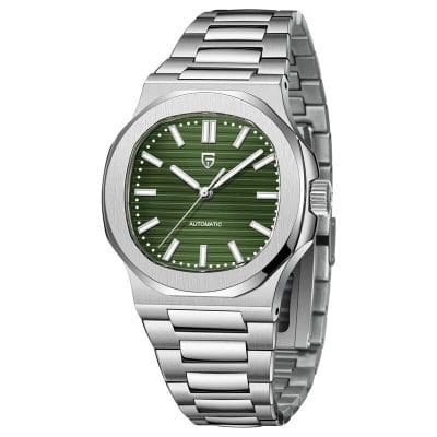 High-quality men's stainless steel watch with green dial, automatic movement, and sleek design, ideal for stylish accessories and everyday fashion.