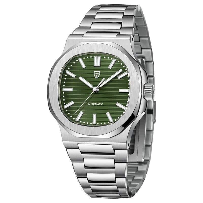 High-quality men's stainless steel watch with green dial, automatic movement, and sleek design, ideal for stylish accessories and everyday fashion.