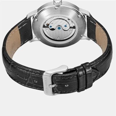 High-quality men's luxury watch featuring a sleek black leather strap and a polished silver case, highlighting craftsmanship and timeless style. Ideal for fashion and watch collectors.