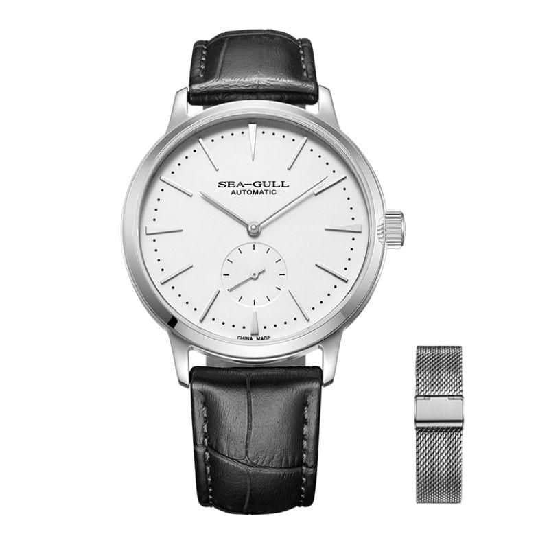 Elegant men's wristwatch with leather strap, stainless steel case, and minimalist dial. Perfect for stylish accessories.
