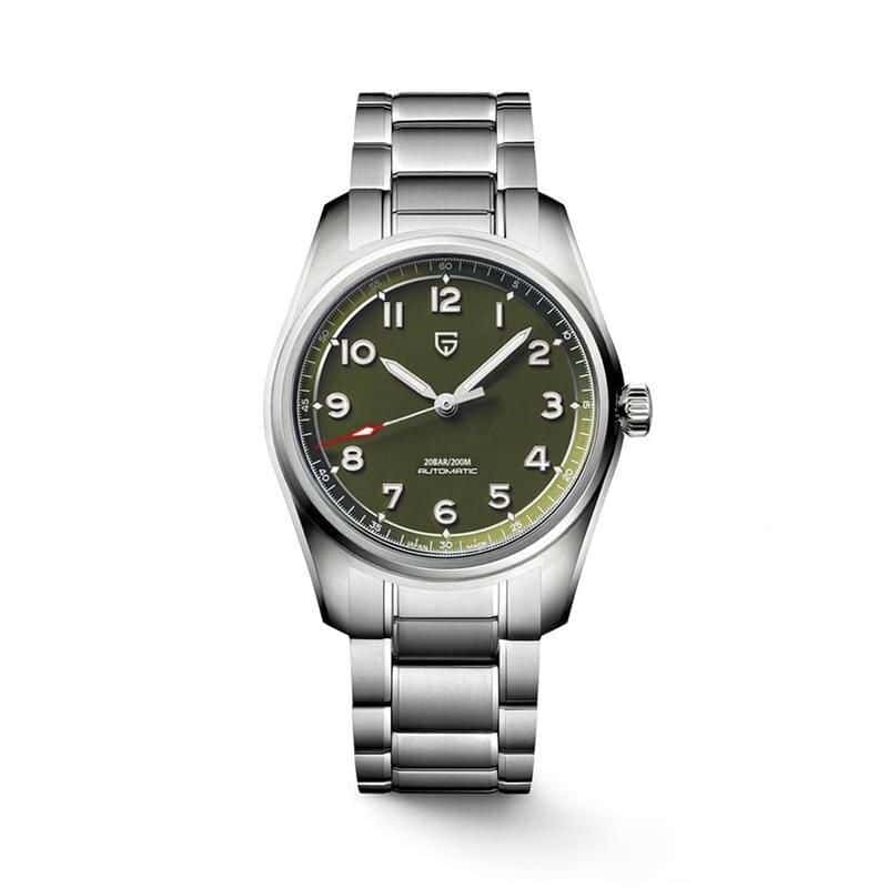 Stylish men's stainless steel watch with green dial, automatic movement, and durable strap, perfect for everyday wear and special occasions, available at Monalisa Medical store.