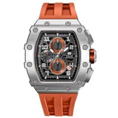 Elegant men's sport watch featuring a durable stainless steel case, orange silicone strap, and advanced chronograph functionality for stylish timekeeping.