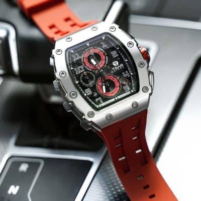 Luxury men's sports watch with chronograph and red strap, durable stainless steel case, perfect for style and function.