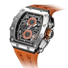 High-quality luxury wristwatch with orange rubber strap, stainless steel case, chronograph features, and intricate dial design, ideal for fashion-forward individuals.