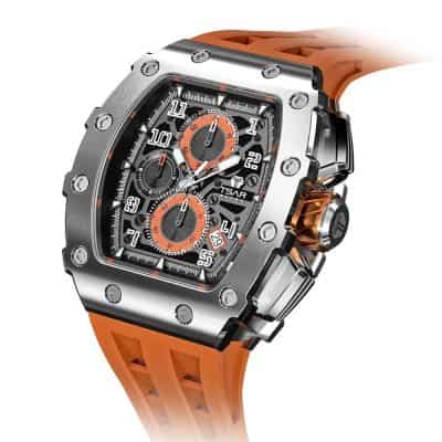 High-quality luxury wristwatch with orange rubber strap, stainless steel case, chronograph features, and intricate dial design, ideal for fashion-forward individuals.