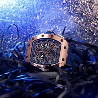High-end men's luxury watch with chronograph features, rose gold case, and black strap, perfect for stylish occasions and showcasing elegance.