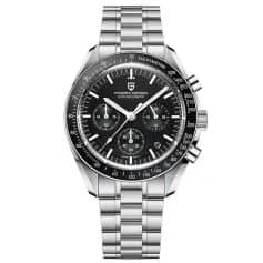 High-quality men's wristwatch featuring a black chronograph dial, stainless steel strap, tachymeter bezel, and precise timekeeping, ideal for watch enthusiasts and everyday fashion.