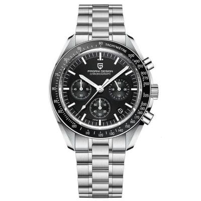 High-quality men's wristwatch featuring a black chronograph dial, stainless steel strap, tachymeter bezel, and precise timekeeping, ideal for watch enthusiasts and everyday fashion.