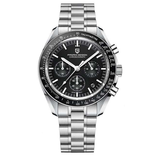 High-quality men's wristwatch featuring a black chronograph dial, stainless steel strap, tachymeter bezel, and precise timekeeping, ideal for watch enthusiasts and everyday fashion.