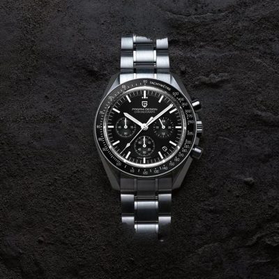 High-quality men's wristwatch with chronograph and tachymeter, perfect for luxury accessories. Features a sleek black dial, stainless steel band, and precise timekeeping.