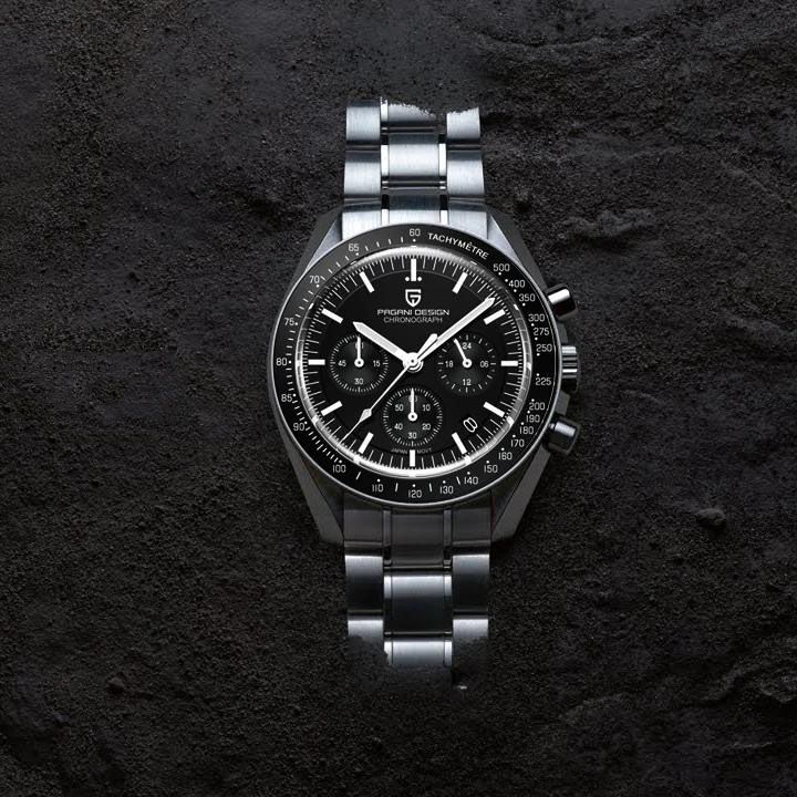 High-quality men's wristwatch with chronograph and tachymeter, perfect for luxury accessories. Features a sleek black dial, stainless steel band, and precise timekeeping.