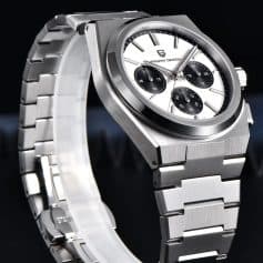 A high-end stainless steel men's watch featuring a sleek silver dial with chronograph functionality, perfect for style and precision.
