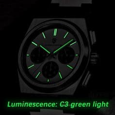 High-quality watch with luminous green glow for easy visibility in low light, featuring a sleek black design and chronograph functions for stylish and practical eyewear and optical accessories.