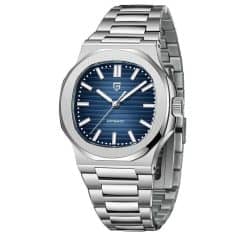 Luxury men's stainless steel watch with blue dial, automatic movement, and sleek design for sophisticated style.