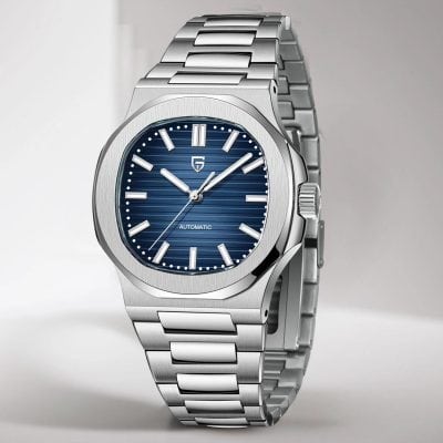 Stainless steel luxury wristwatch with blue dial, automatic movement, and stylish modern design, ideal for men seeking elegance and precision in timekeeping.