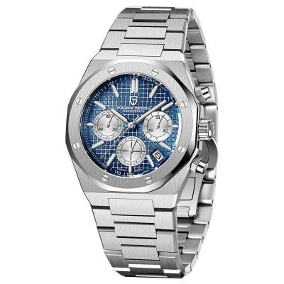 High-end men's chronograph watch with stainless steel band and blue dial, perfect for luxury watch collectors and enthusiasts.