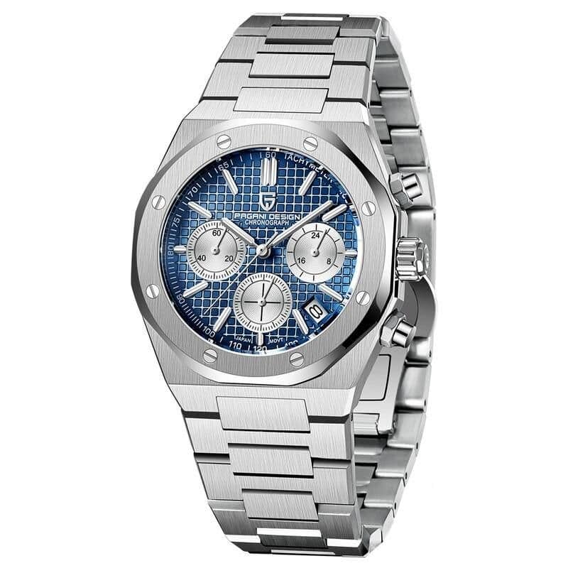 High-end men's chronograph watch with stainless steel band and blue dial, perfect for luxury watch collectors and enthusiasts.