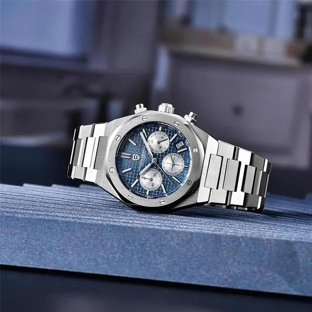 High-end stainless steel wristwatch with blue dial, chronograph functions, and sleek design, perfect for watch enthusiasts and luxury accessory lovers.