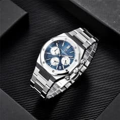 Stylish men's luxury watch with chronograph features, stainless steel band, and blue dial, perfect for high-end fashion and premium timepieces.