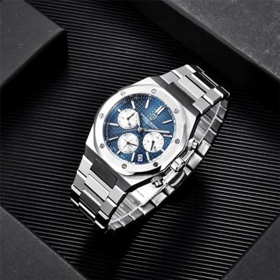 Stylish men's luxury watch with chronograph features, stainless steel band, and blue dial, perfect for high-end fashion and premium timepieces.