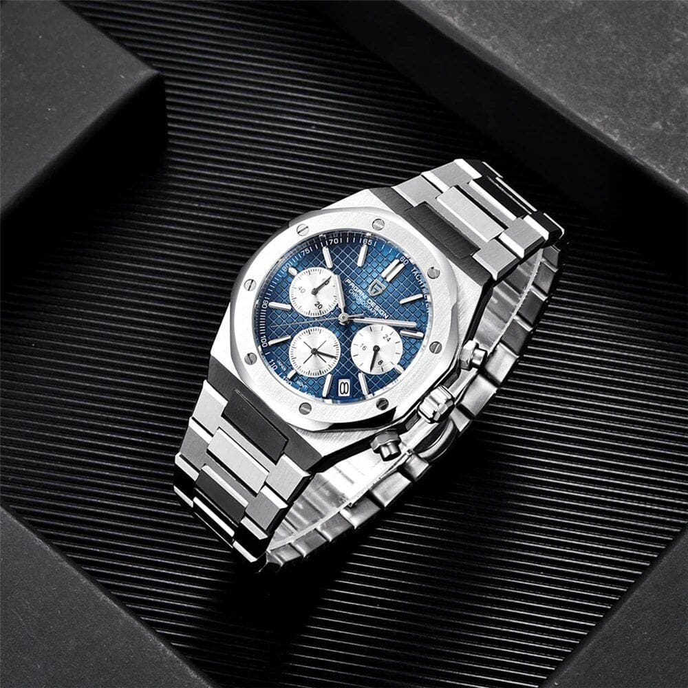 Stylish men's luxury watch with chronograph features, stainless steel band, and blue dial, perfect for high-end fashion and premium timepieces.