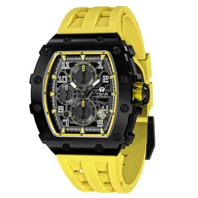 Colorful yellow and black watch with detailed chronograph functions, suitable for stylish men and women interested in luxury timepieces.