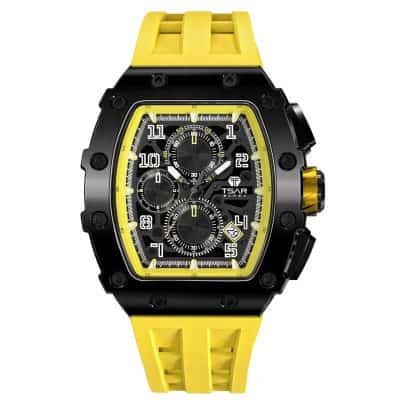 Luxury black and yellow men's wristwatch with chronograph features, durable strap. Perfect for stylish and modern accessory needs. Ideal for watch enthusiasts and fashionable men.