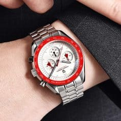 Stainless steel men's wristwatch with chronograph features, silver dial, and red accents—ideal for luxury and fashion-focused timepiece buyers.