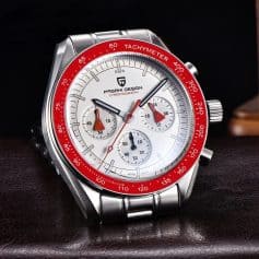 High-quality chronograph watch featuring a stainless steel band and a white dial with red accents, perfect for style and precision in any setting.