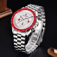 Elegant men's wristwatch featuring chronograph functionality, stainless steel strap, red accents, and tachymeter scale for sporty and stylish look.