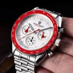 High-quality men's chronograph wristwatch featuring a stainless steel strap and a striking red bezel, perfect for fashion-conscious individuals seeking luxury timepieces.