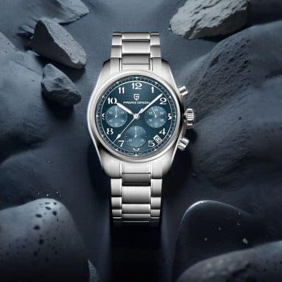Stylish stainless steel men's chronograph watch with blue dial, multi-function subdials, date display, and durable bracelet, perfect for elegant and everyday wear.