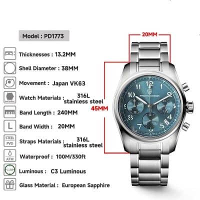 High-quality men's stainless steel chronograph with gemstone accents, water-resistant up to 100M, featuring a blue dial, durable strap, and precise Japanese VK63 movement. Perfect for style and functionality.