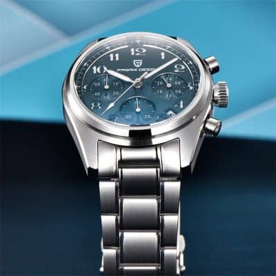 A sleek stainless steel watch with a blue dial, multiple dials for chronograph functions, and a polished finish, ideal for watch enthusiasts and luxury accessory lovers.