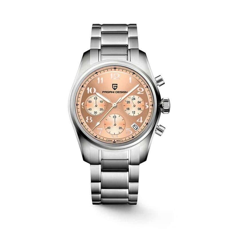 High-quality Pagani Design men's chronograph watch featuring a stainless steel band and rose gold dial, perfect for stylish opticians and eyewear stores showcasing luxury accessories.