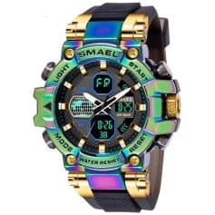 Vibrant multicolor men's sports watch with digital and analog display, water-resistant design, and durable strap, perfect for active, stylish individuals.