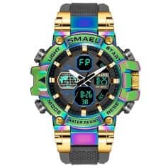 Bright multi-colored digital and analog sport watch with water resistance, LED display, and durable strap, perfect for active lifestyles and sports enthusiasts.