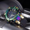 Stylish, waterproof, and durable men's wristwatch with vibrant rainbow color accents, perfect for sports and outdoor activities.