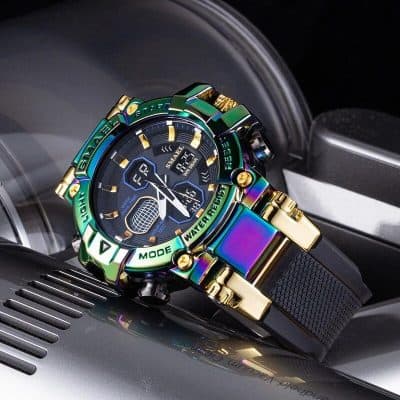 Stylish, waterproof, and durable men's wristwatch with vibrant rainbow color accents, perfect for sports and outdoor activities.