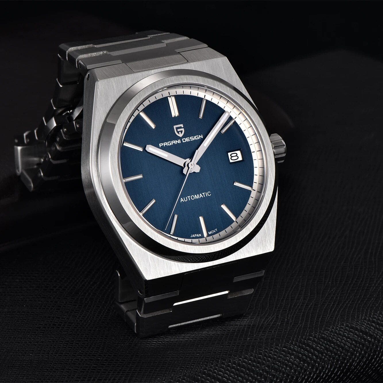 Stylish silver wristwatch featuring a blue dial, date display, and stainless steel band, ideal for men interested in luxury timepieces and accessories.
