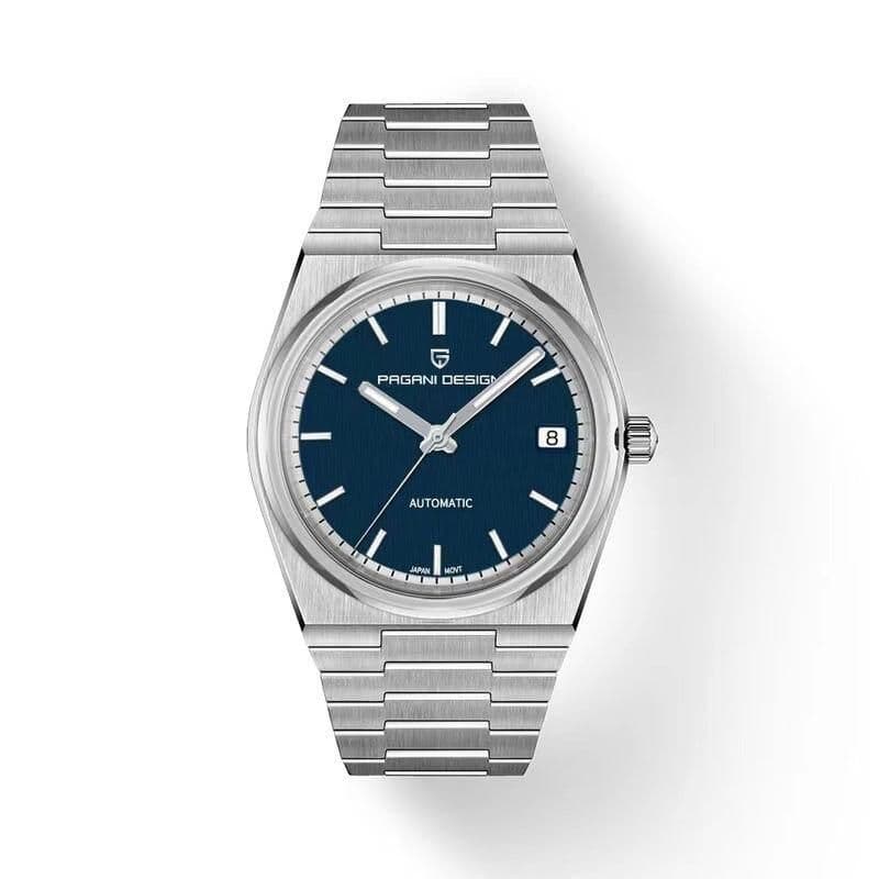 Luxury men's watch featuring stainless steel strap, modern blue dial, automatic movement, and date display, ideal for sophisticated fashion from Monalisa Medical.