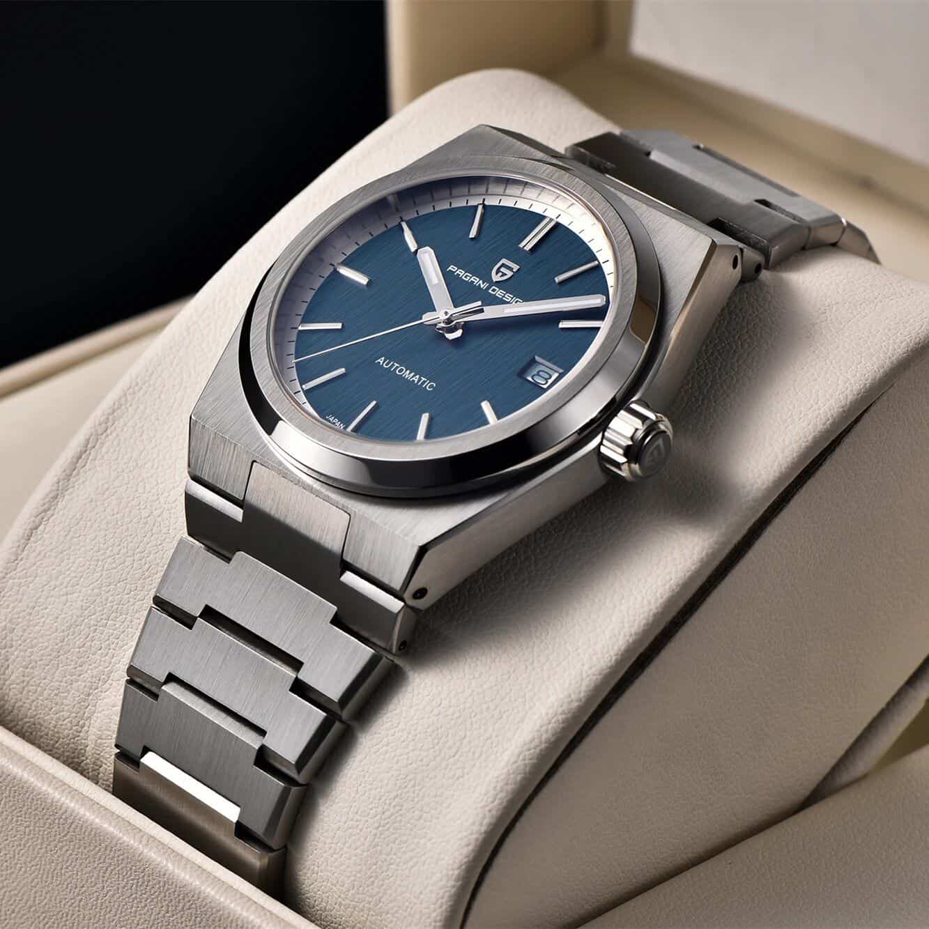 Luxury men's automatic wristwatch featuring a blue dial, stainless steel case, and bracelet, perfect for stylish occasions and everyday wear.