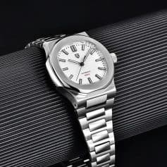 Elegant stainless steel automatic wristwatch with white dial and modern design.