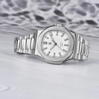 High-quality stainless steel luxury watch with a sleek white dial, precise automatic movement, and stylish design, perfect for formal and casual wear.