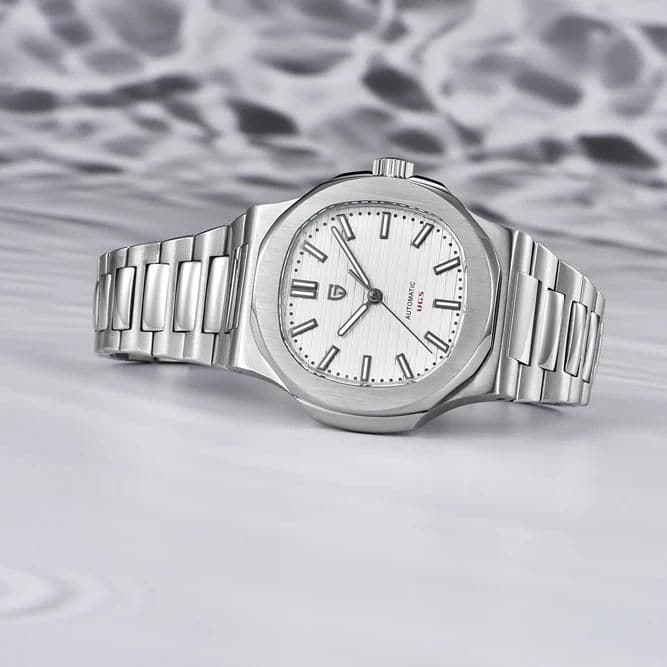 High-quality stainless steel luxury watch with a sleek white dial, precise automatic movement, and stylish design, perfect for formal and casual wear.