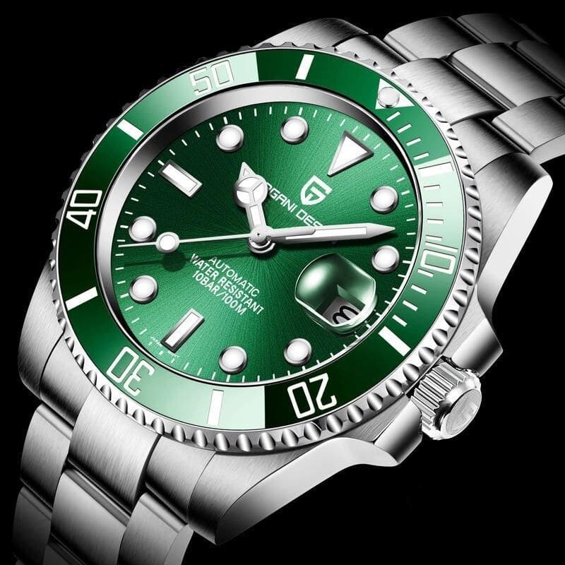 Luxury men's dive watch with green dial, stainless steel band, water-resistant up to 100 meters, automatic movement, and rotating bezel. Perfect for divers and watch enthusiasts.