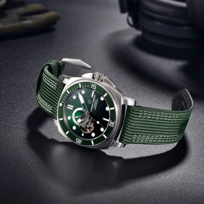 A stylish men's green dive watch with a stainless steel case and a durable green strap, featuring a skeleton dial and high water resistance, perfect for collectors and enthusiasts.