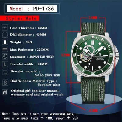 High-quality men's watch with green dial, stainless steel case, sapphire glass, and durable nylon strap. Perfect for stylish, luxury watch enthusiasts and collectors seeking precision and elegance.